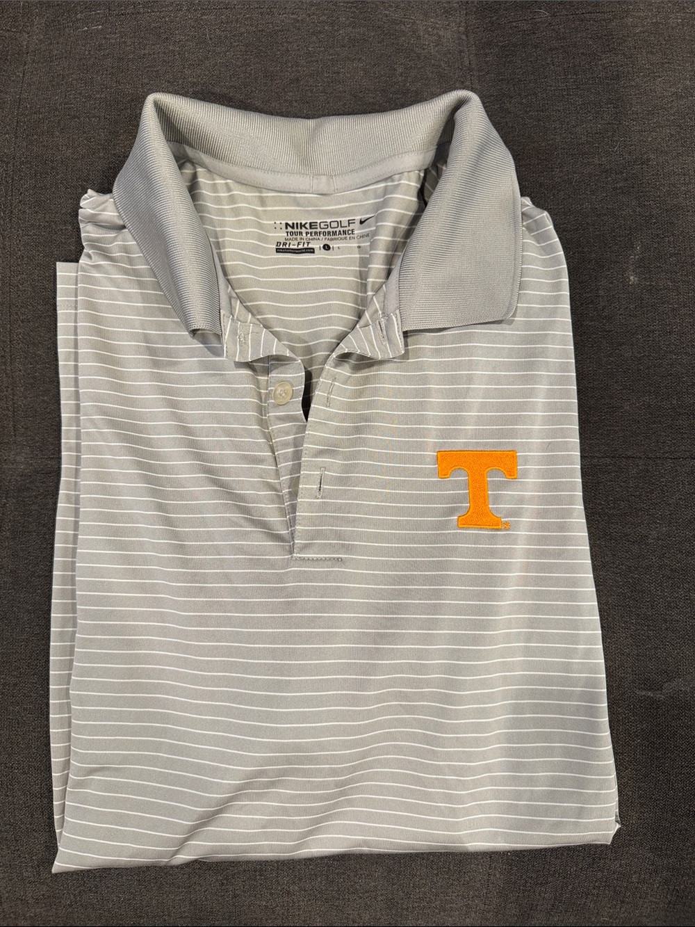 Nike Gray Striped Polo with Orange 'T' Chest Logo